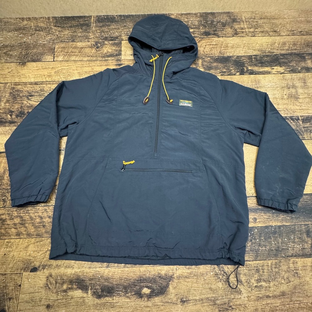 L.L. Bean Navy Hooded Windbreaker with Yellow Accents